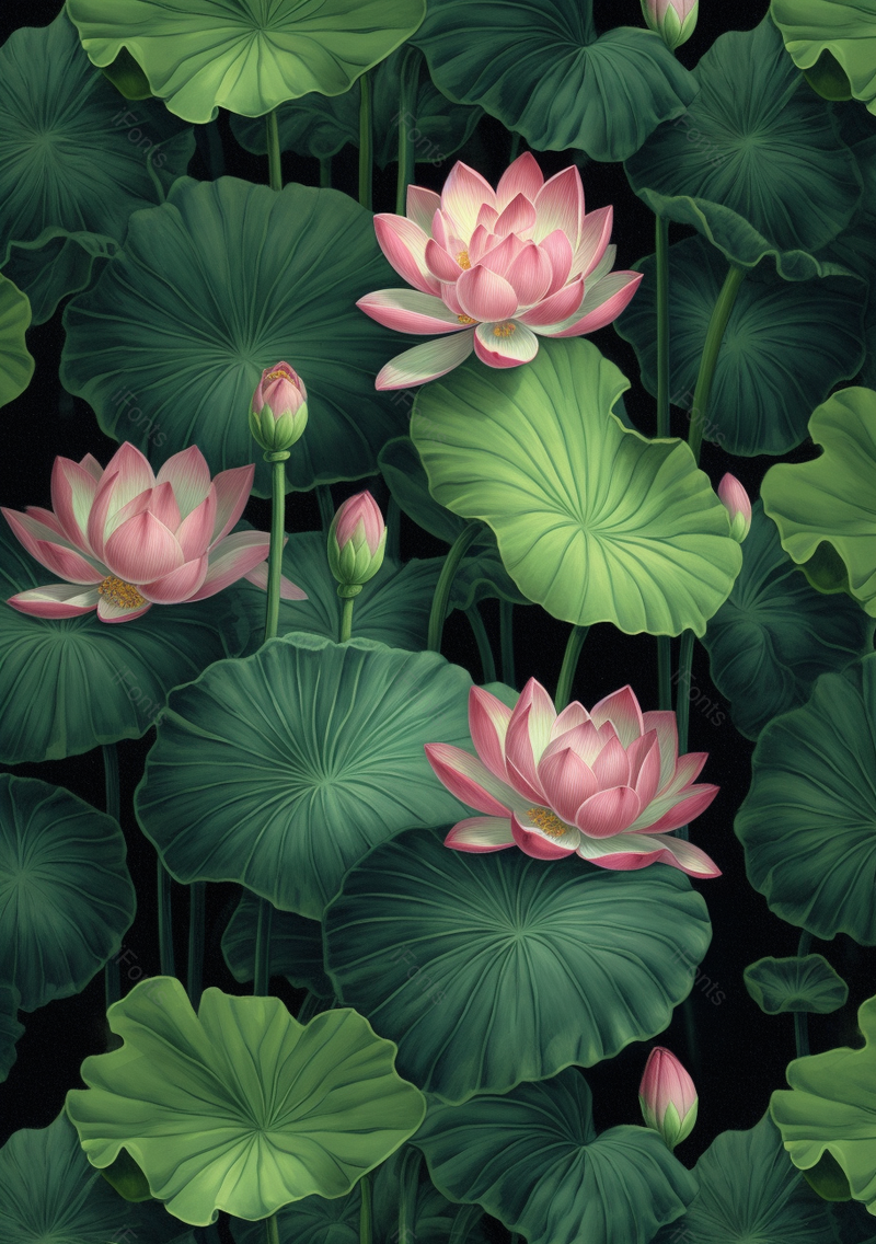 池塘里荷叶与三朵盛开的荷花自然插画壁纸背景,插画/手绘图,插画/手绘图库,插画/手绘图下载,插画/手绘